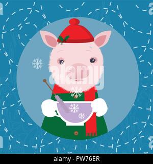 Cute pig in a cap drinking tea. Winter card. Stock Vector