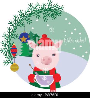 Cute pig in a cap drinking tea. Winter card. Stock Vector