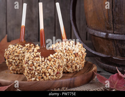 Closeup of a group of caramel apples coated with nuts on a rustic wooden background Stock Photo