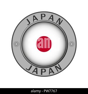 Round metal medallion with the name of the country Japan and the round flag in the center Stock Vector