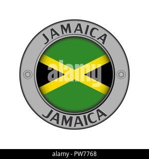 Round metal medallion with the name of the country Jamaica and a round flag in the center Stock Vector