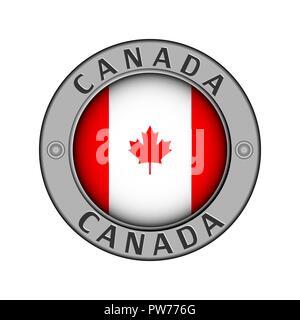 Round metal medallion with the name of the country Canada and round the flag in the center Stock Vector