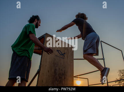 Bergamo Italy October 12th 2018:Parkour 'physical activity in running, climbing and jumping to overcome an obstacle