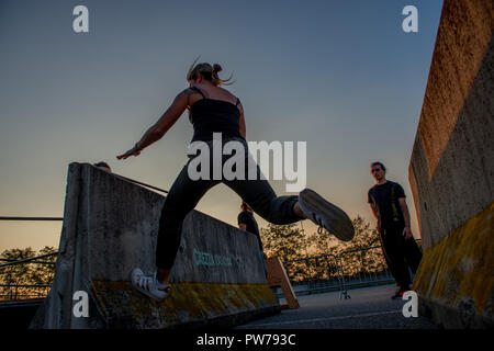 Bergamo Italy October 12th 2018:Parkour 'physical activity in running, climbing and jumping to overcome an obstacle