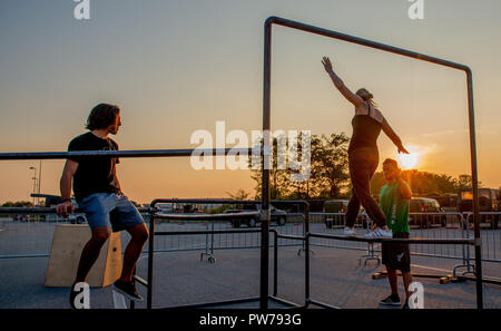 Bergamo Italy October 12th 2018:Parkour 'physical activity in running, climbing and jumping to overcome an obstacle