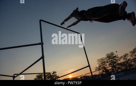 Bergamo Italy October 12th 2018:Parkour 'physical activity in running, climbing and jumping to overcome an obstacle