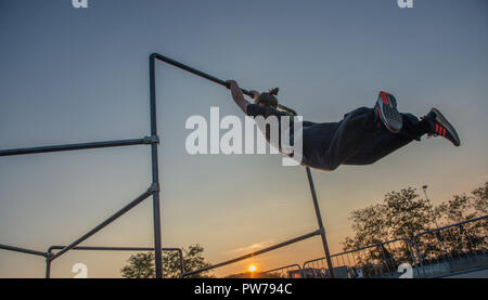 Bergamo Italy October 12th 2018:Parkour 'physical activity in running, climbing and jumping to overcome an obstacle