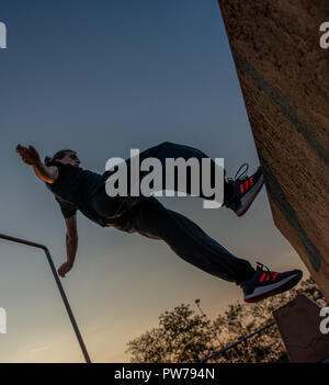 Bergamo Italy October 12th 2018:Parkour 'physical activity in running, climbing and jumping to overcome an obstacle