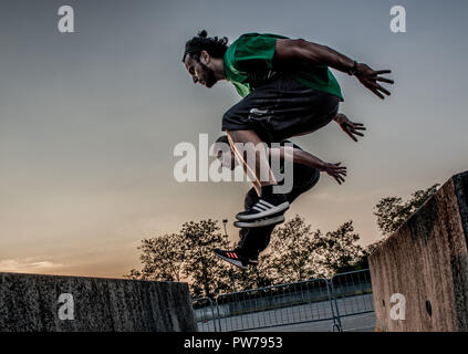 Bergamo Italy October 12th 2018:Parkour 'physical activity in running, climbing and jumping to overcome an obstacle