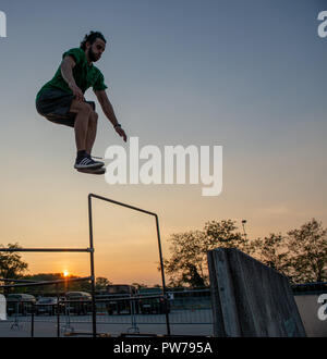 Bergamo Italy October 12th 2018:Parkour 'physical activity in running, climbing and jumping to overcome an obstacle