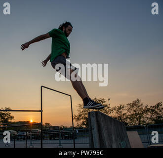 Bergamo Italy October 12th 2018:Parkour 'physical activity in running, climbing and jumping to overcome an obstacle