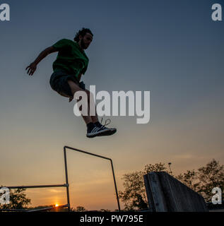 Bergamo Italy October 12th 2018:Parkour 'physical activity in running, climbing and jumping to overcome an obstacle