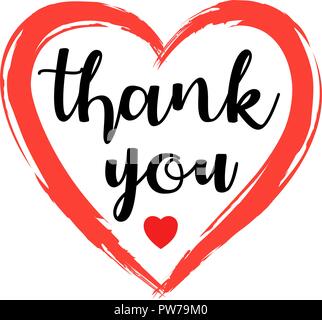 Hand sketched Thank you text with heart in flat style design. Lettering typography. Stock Vector