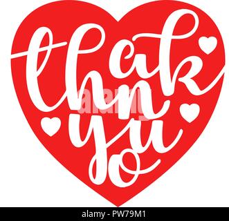 Hand sketched Thank you text with heart in flat style design. Lettering typography. Stock Vector