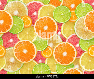 Citrus fruits background. Seamless pattern with pieces of orange, lemon, lime, grapefruit and kumquat Stock Photo