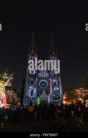 PRAGUE, CZ - OCTOBER 11, 2018: Videomapping countdown Saint Ludmila church at the Prague Signal light festival 2018. Czech Republic Stock Photo