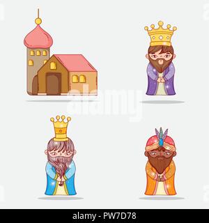 set magicians kings wearing crown and house Stock Vector