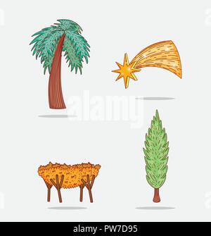 set palm tree wth star and cradle to epiphany celebration Stock Vector