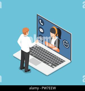 Flat 3d isometric businessman standing in front of laptop with online customer service. Customer support concept. Stock Vector