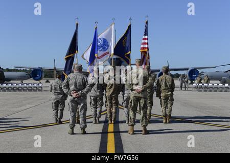 The New Hampshire National Guard Joint Color Guard rehearses for the adjutant general change of command ceremony Sept. 23, 2017 at Pease Air National Guard Base, N.H. Brig. Gen. David Mikolaities assumes duties as the Adjutant General, New Hampshire National Guard from Maj. Gen. William Reddel. (New Hampshire National Guard Stock Photo