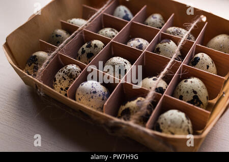 quail eggs in cardboard packaging on the floor Stock Photo