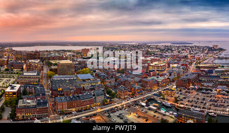 Aerial panorama of Portland, Maine at dusk Stock Photo