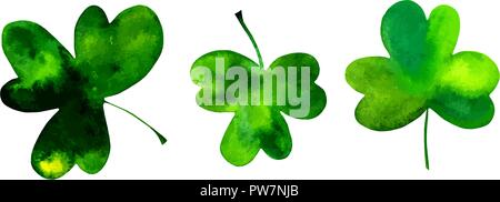 A vector set of three shamrocks, Irish clovers, hand drawn in watercolor and isolated on a white background Stock Vector