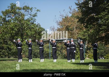 The U.S. Navy Ceremonial Guard and U.S. Navy Band participate in the graveside service for U.S. Navy Fireman 1st Class Walter B. Rogers at Arlington National Cemetery, Arlington, Va., Oct. 2, 2017.  Rogers perished on the USS Oklahoma when it was attacked by Japanese aircraft at Ford Island, Pearl Harbor on Dec. 7, 1941.  Remains of the deceased crew were recovered from December 1941 to June 1944 and were subsequently interred in the Halawa and Nu’uanu Cemeteries.  In September 1947, the remains were disinterred and 35 men from the USS Oklahoma were identified by the American Graves Registrati