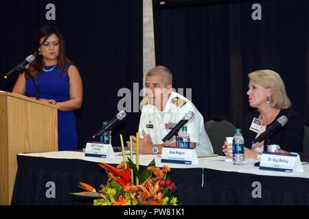 EDINBURG, Texas (Oct. 2, 2017) Houston native, Capt. Thomas Herzig, commanding officer, Naval Medical Research Unit San Antonio, speaks on the importance of science, technology, engineering and mathematics (STEM) within the Navy during the 2017 Hispanic Engineering, Science and Technology Week’s (HESTEC) STEM Literacy Panel held on the campus of the University of Texas-Rio Grande Valley.  HESTEC is a nationally recognized model for promoting STEM careers to students of all ages.  Now in its 16th year, the program has been recognized as a “Bright Spot in Hispanic Education” by the White House I Stock Photo