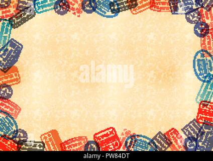Horizontal a4 size yellow sheet of old paper with frame made from different travel stamps Stock Vector