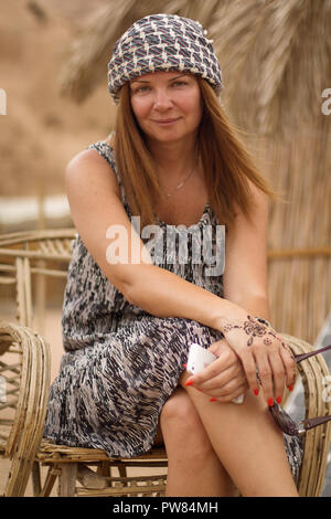 Lady in Bedouin Style Scarf. Dahab. South Sinai. Egypt Stock Photo