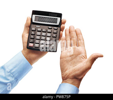 Men's hands in shirt holding calculator isolated on white background. Close up. High resolution product Stock Photo