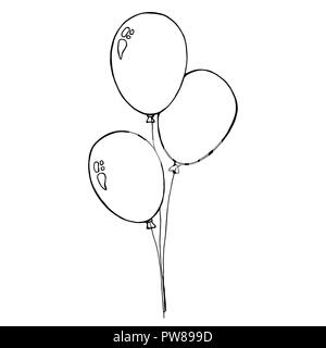 Three balloons on a string. Hand drawn, isolated on a white