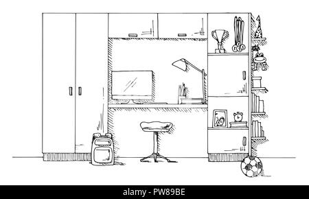 Sketch of a children's room. Teenager's room. Vector illustration Stock Vector