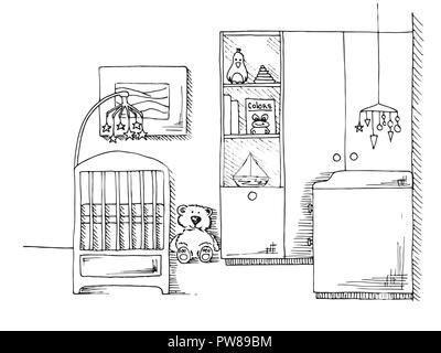Hand drawn baby room for design element and coloring book page. Vector ...
