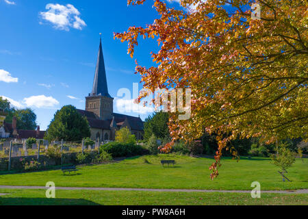 Parish Church of St. Peter & St. Paul,& Bandstand ,Godalming ,Surrey in Autumn.Godalming Parish Church dates back to the 9th century. The font is  pos Stock Photo