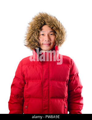 Portrait asian man wearing overcoat with standing on white background Stock Photo