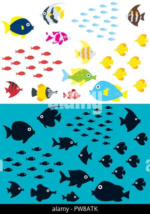 Set of cartoon fish, including silhouettes. Stock Vector