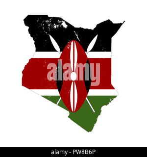 Kenya country silhouette with flag on background, isolated on white Stock Vector