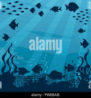 Cartoon underwater landscape, sea water animals and tropical ocean ...