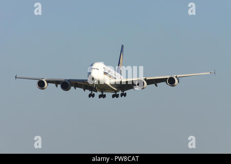 Singapore Airlines Airbus A380 with registration 9V-SKI on short final for runway 14 of Zurich Airport. Stock Photo