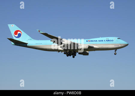 Korean Air Cargo Boeing 747-400F with registration HL7438 on short final for runway 14 of Zurich Airport. Stock Photo