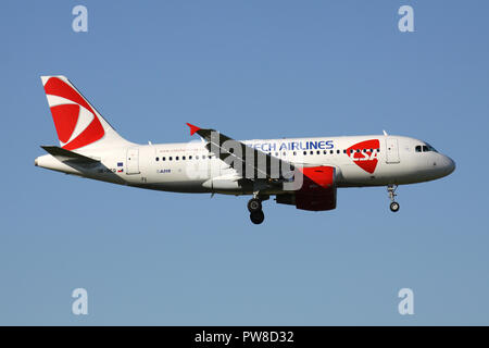 CSA Czech Airlines Airbus A319-100 with registration OK-REQ on short final for runway 14 of Zurich Airport. Stock Photo