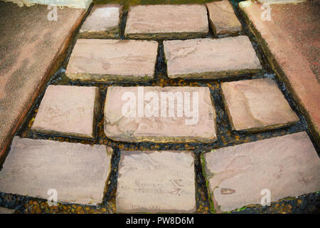 minimal loft brown rock stone slab walking trail footpath with flowing water irrigation background. Exterior Outdoor Landscaping Garden Architectural  Stock Photo
