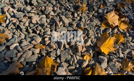 Crushed broken stone breakstone texture and background with fallen yellow leaves Stock Photo