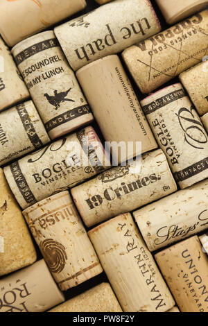 WOODBRIDGE, NEW JERSEY - October 13, 2018: A collection of wine corks from various vineyards is showne Stock Photo