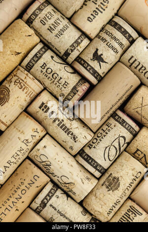 WOODBRIDGE, NEW JERSEY - October 13, 2018: A collection of wine corks from various vineyards is showne Stock Photo