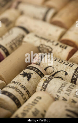 WOODBRIDGE, NEW JERSEY - October 13, 2018: A collection of wine corks from various vineyards is showne Stock Photo