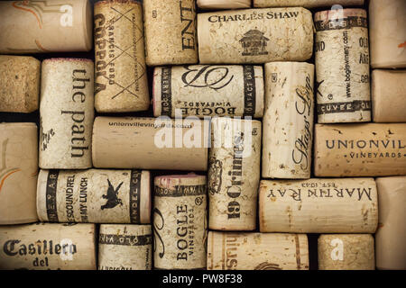 WOODBRIDGE, NEW JERSEY - October 13, 2018: A collection of wine corks from various vineyards is showne Stock Photo