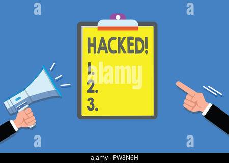 Text sign showing Hacked. Conceptual photo Gain unauthorized access to data in system or computer Cyber crime. Stock Photo